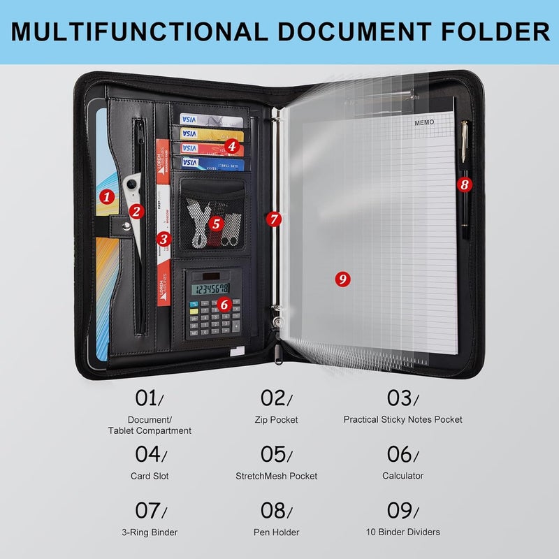 Eshow Portfolio Organizer - 3 Ring Binder with Zipper, Vegan Leather Business Padfolio Folder with Notepad Includes 10 Clear Sheet Protectors for Documents Files for Men Women - Image 3